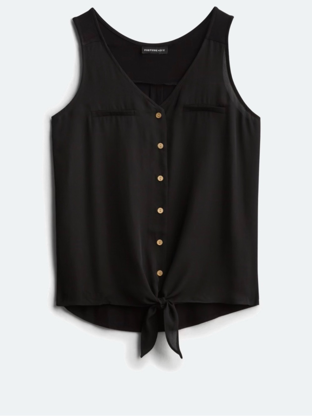 Fortune & Ivy Black Button-Front Tie Hem Camisole